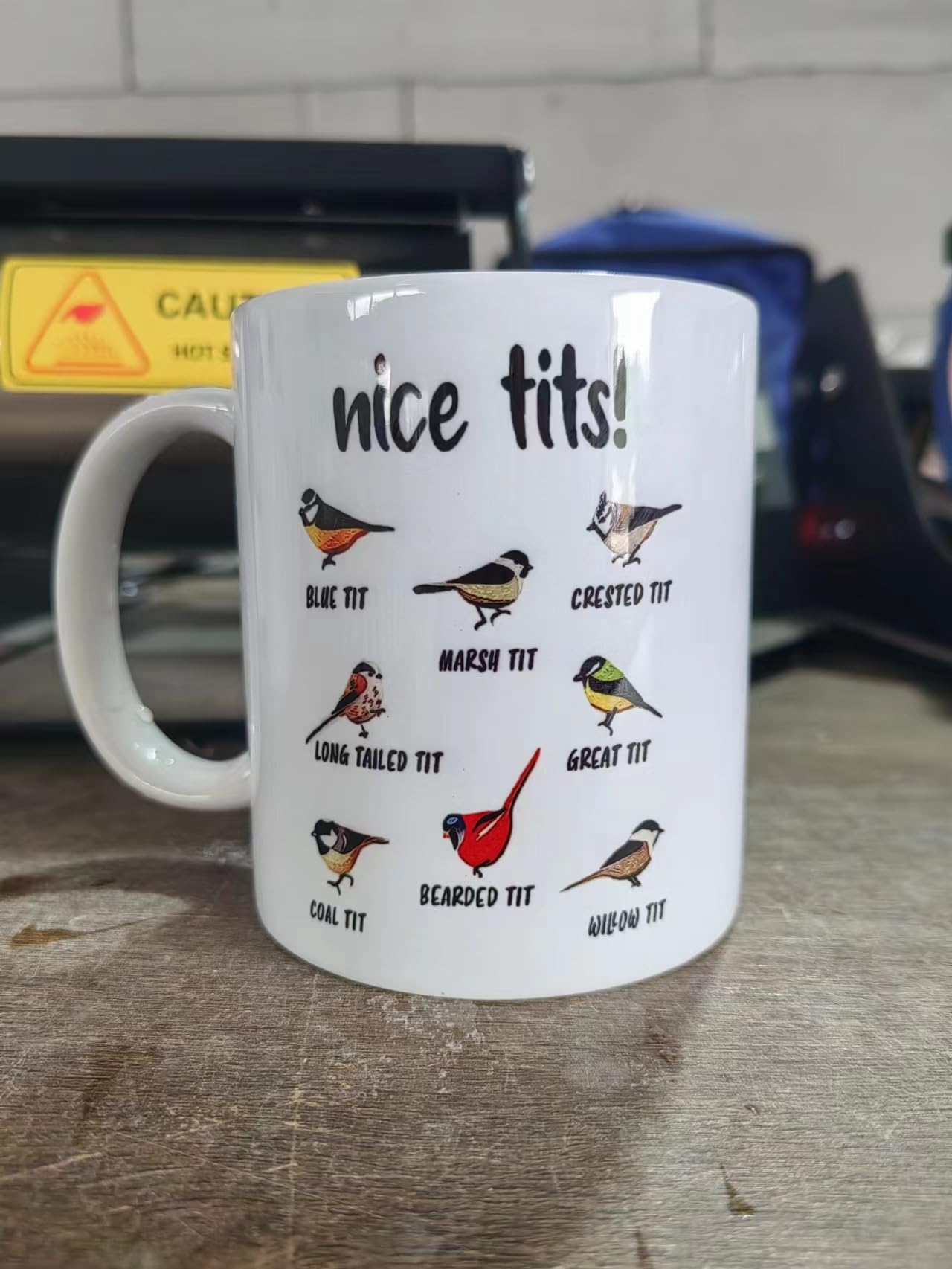 Jigfoxy Nice Tits Bird Mug side view with handle for easy gripping