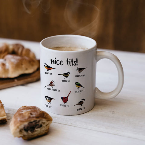 Jigfoxy Nice Tits Bird Mug white ceramic finish with glossy glaze