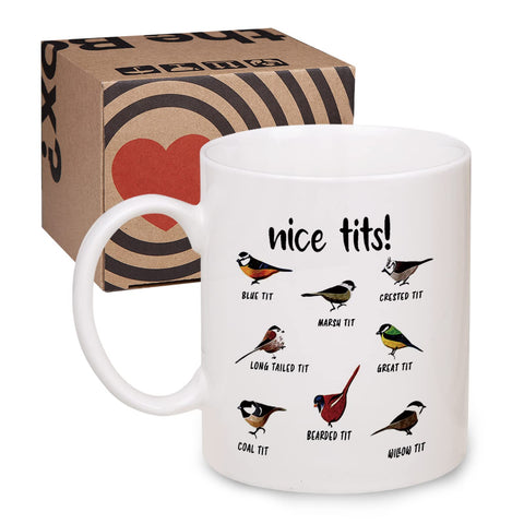 Jigfoxy Nice Tits Bird Mug in a khaki gift box ready for gifting