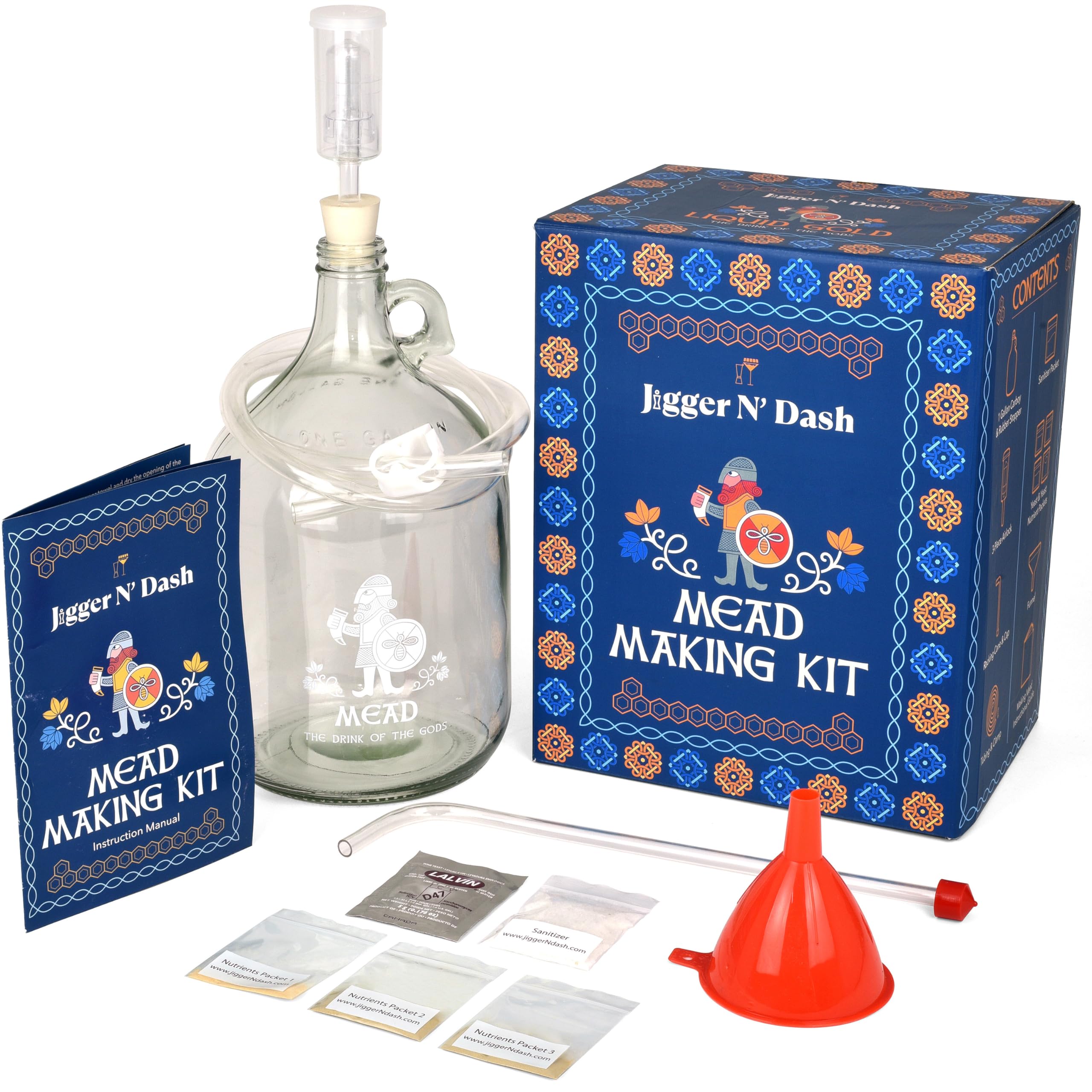 Jigger N' Dash mead making kit box showing complete home brewing setup for beginners