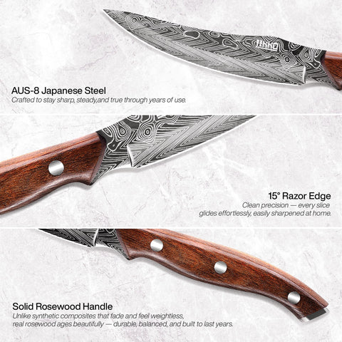 Full-tang rosewood handle provides balanced grip and enduring comfort