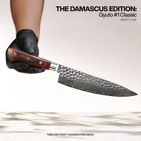 Jikko Damascus Gyuto full-tang for durable control.