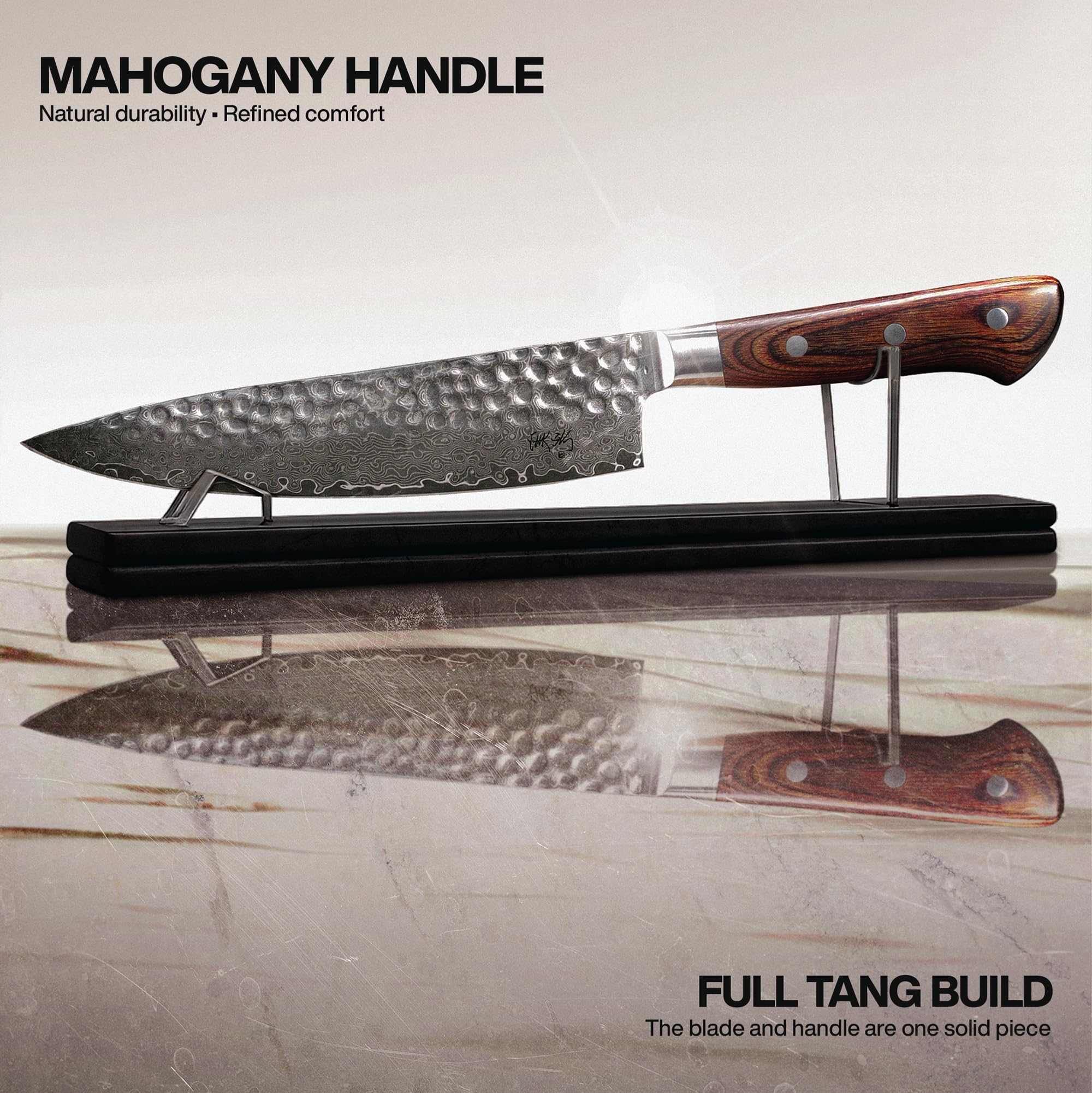 Jikko Damascus Gyuto hammered pattern reduces sticking for smooth cuts.
