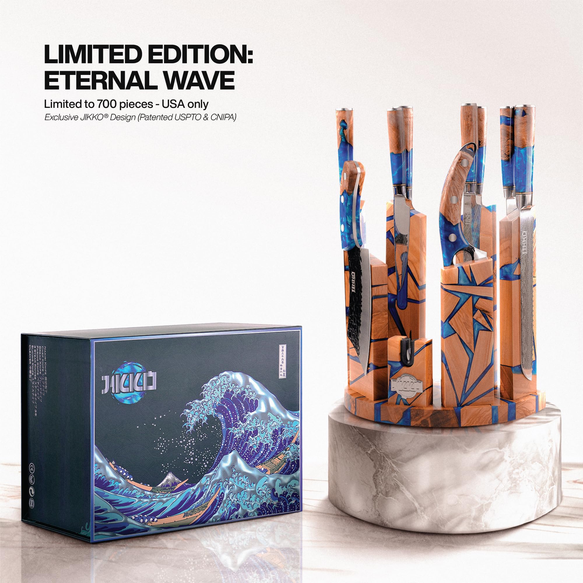 Jikko Eternal Wave olive wood epoxy block promotes air flow to keep edges dry.