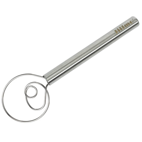 Jillmo Danish Dough Whisk 12inch with sturdy stainless steel wire head for fast mixing.