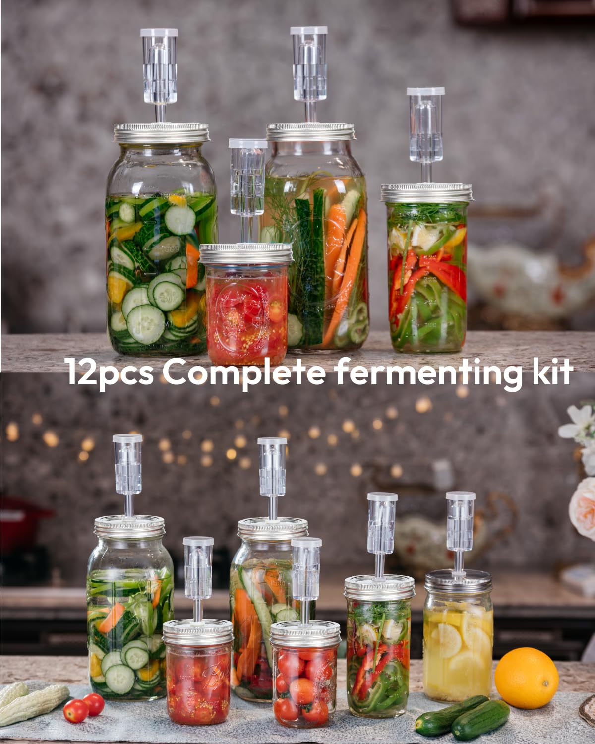 JILLMO sealed lids shown in use for kraut, kimchi, and kombucha.