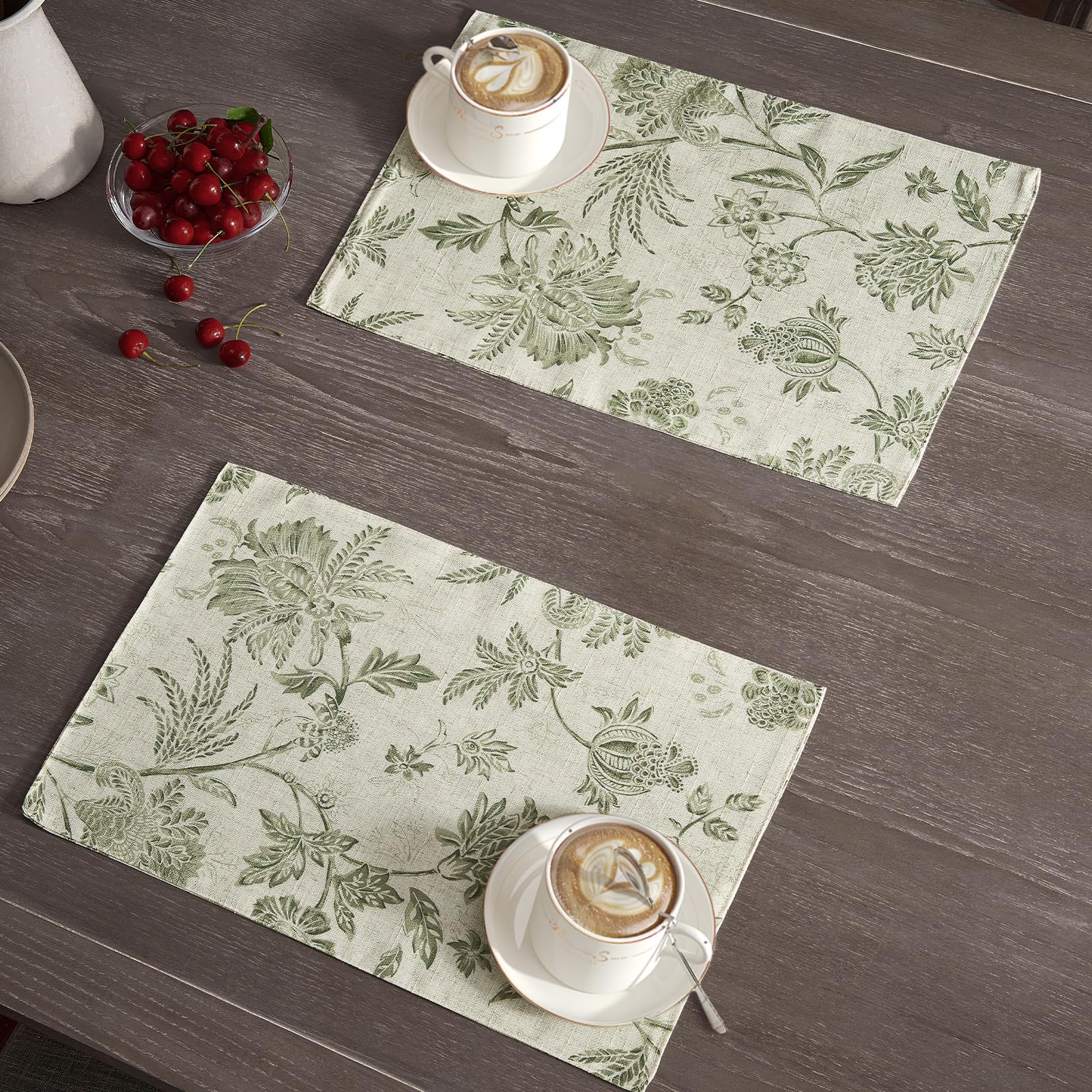 Jinchan placemats close-up of hand-painted floral design and flax blend texture
