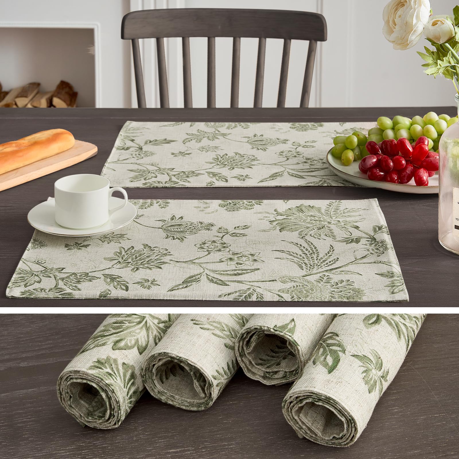 Dining setup featuring Jinchan placemats on a wooden table for cottagecore vibe