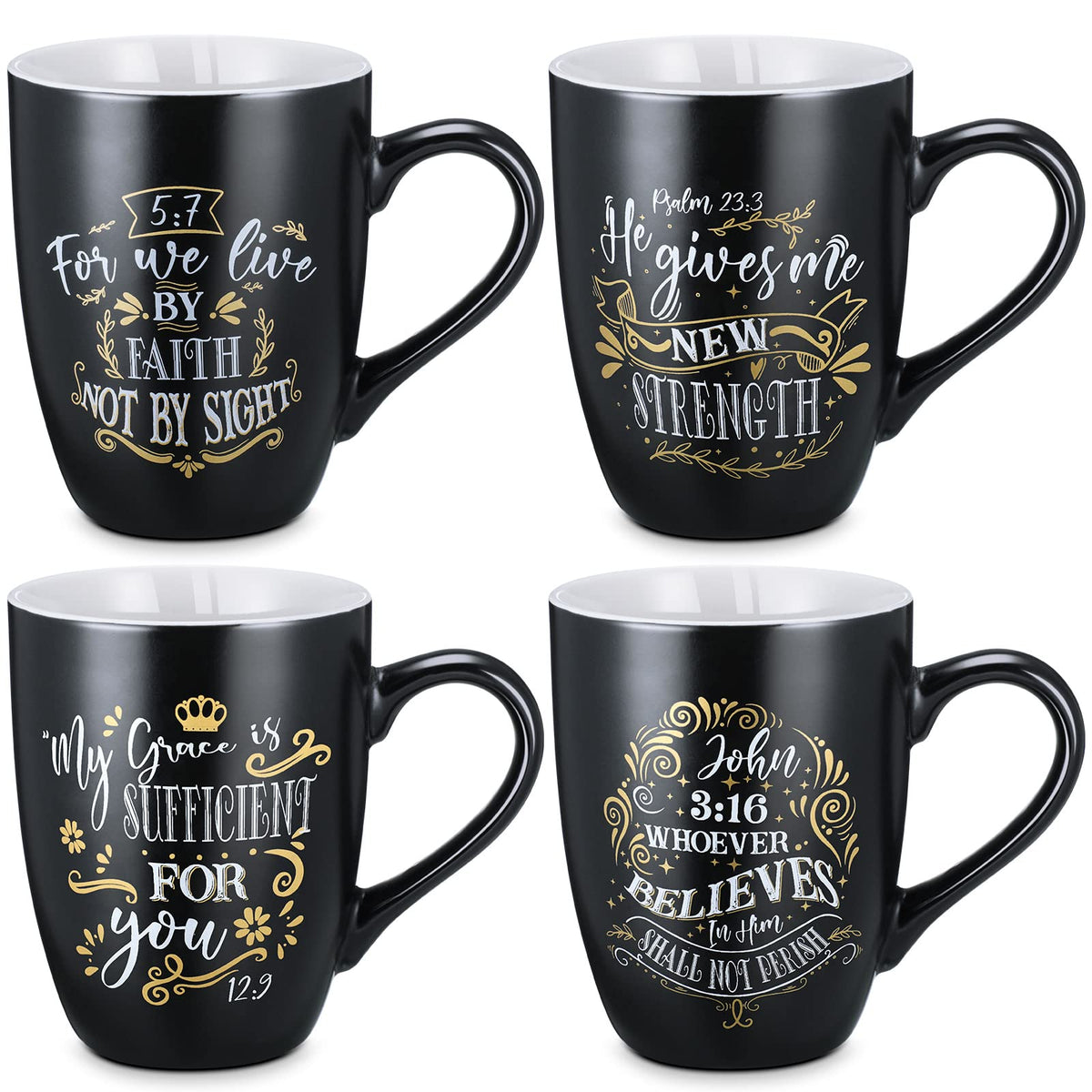 Jinei Christian mugs front view with scripture text for morning inspiration.