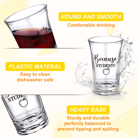 Clear acrylic shot glasses show teacher-themed prints clearly