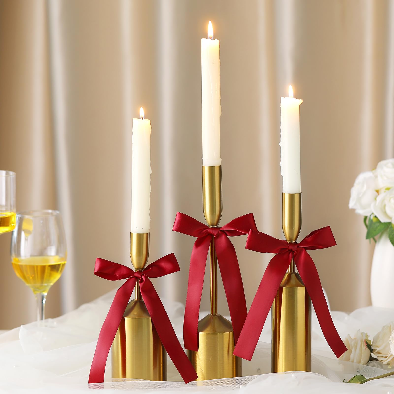 Jingmore candle-holder bow with satin ribbon enhances the centerpiece