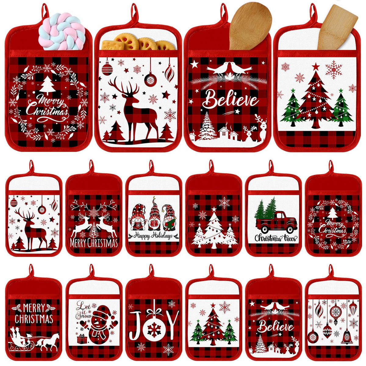 Jingmore Christmas pot holder with pocket closeup highlights secure grip for hot cookware.