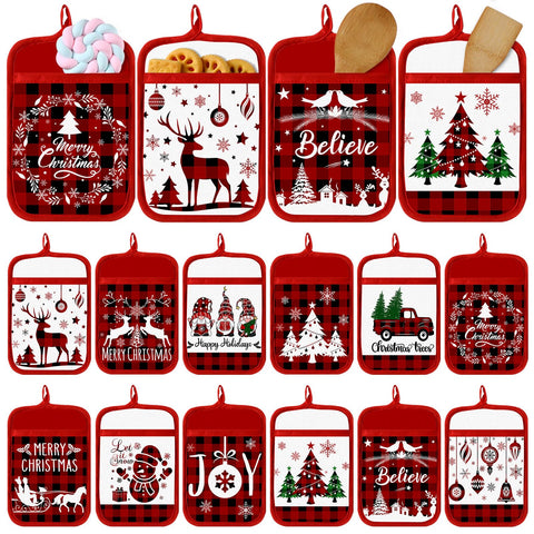 Jingmore Christmas pot holder with pocket closeup highlights secure grip for hot cookware.