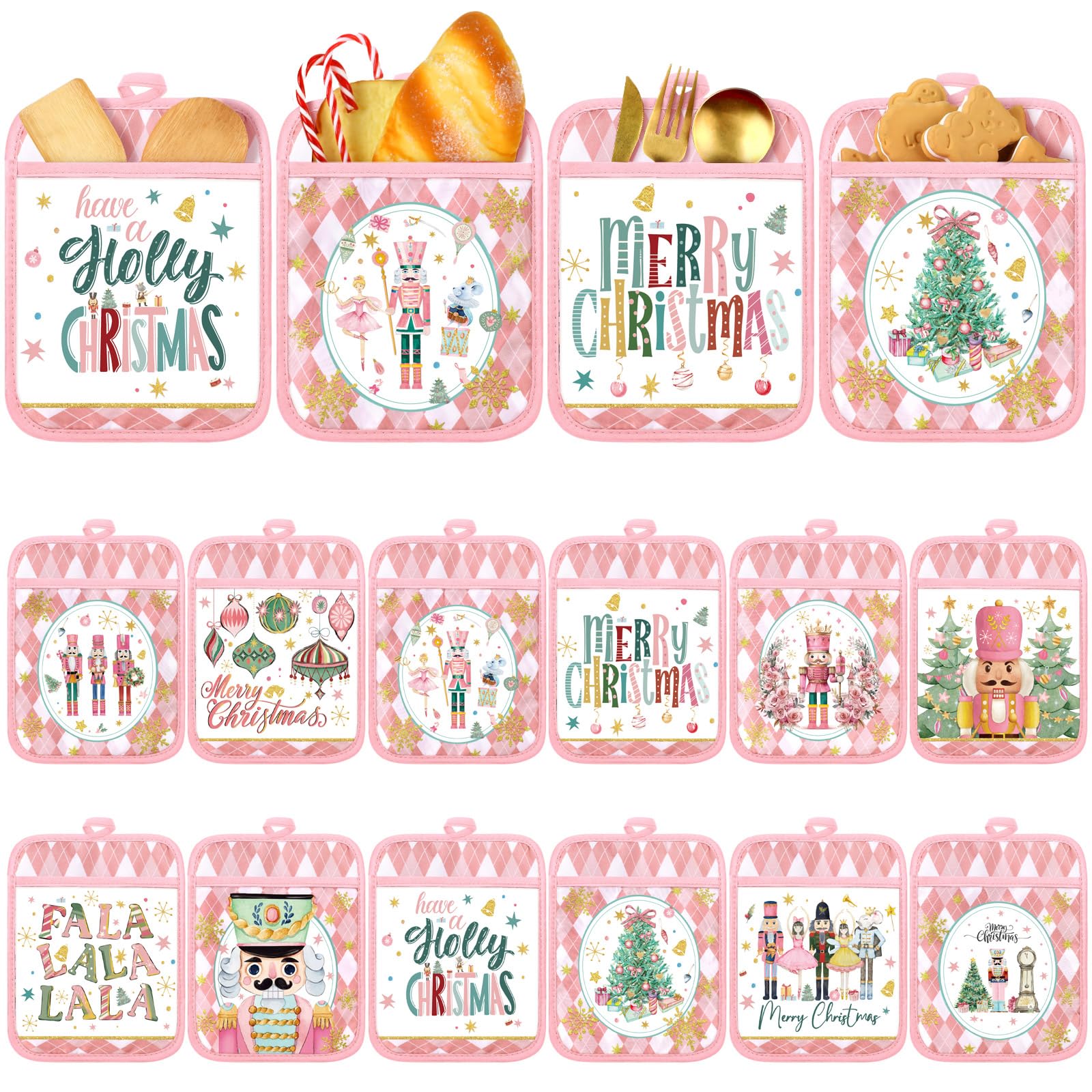 Jingmore pink Nutcracker pot holder pocket close-up showing festive heat protection