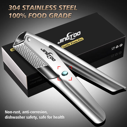 JINGTOO garlic press showcased as dishwasher-safe cleanup.