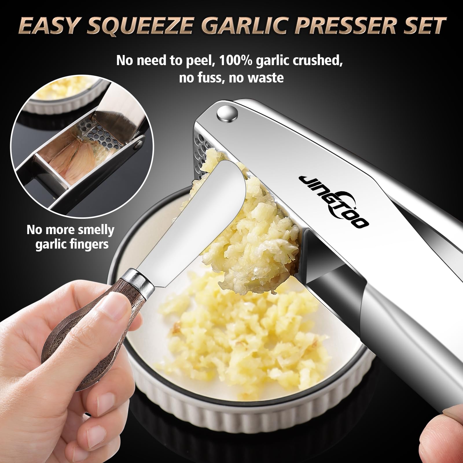 No peeling needed with JINGTOO garlic press in action.