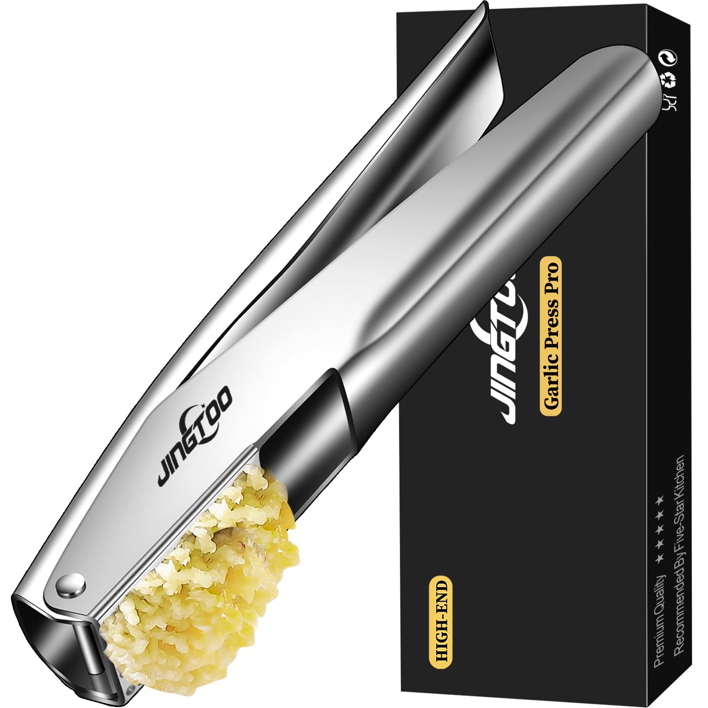 JINGTOO garlic press stainless steel set shown for effortless crushing.