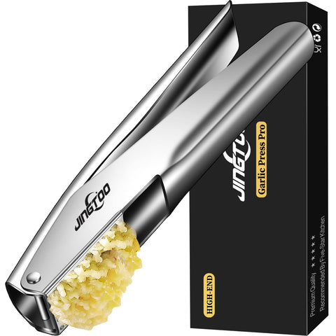 JINGTOO garlic press stainless steel set shown for effortless crushing.