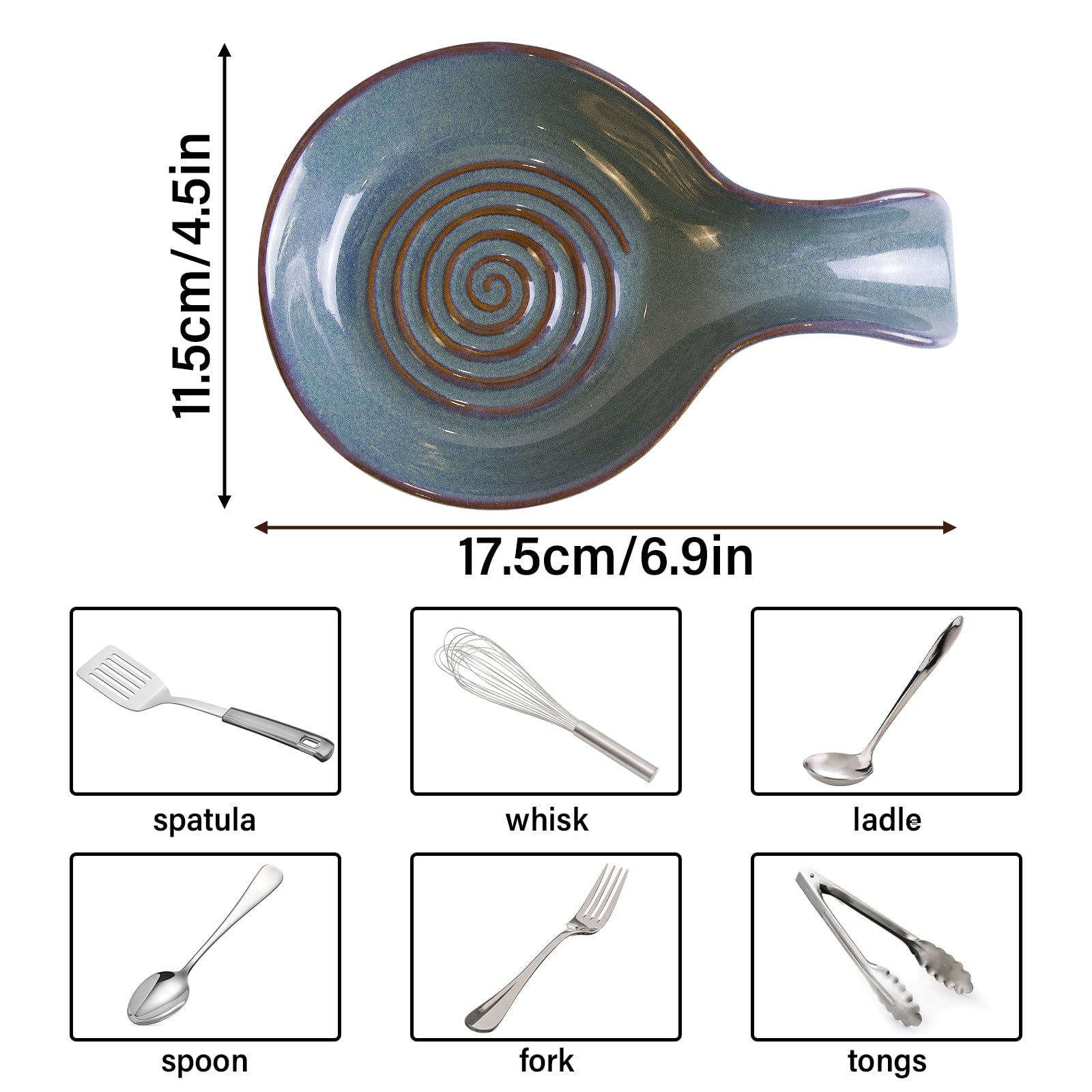 JINIHFW spoon rest features swirl design on blue-green glaze.