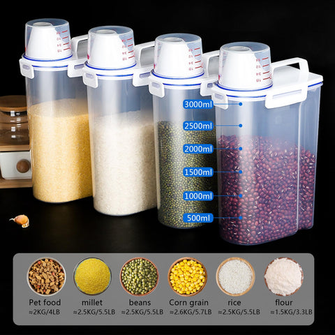 Jioko rice storage bin with measuring cup for quick portion checks.