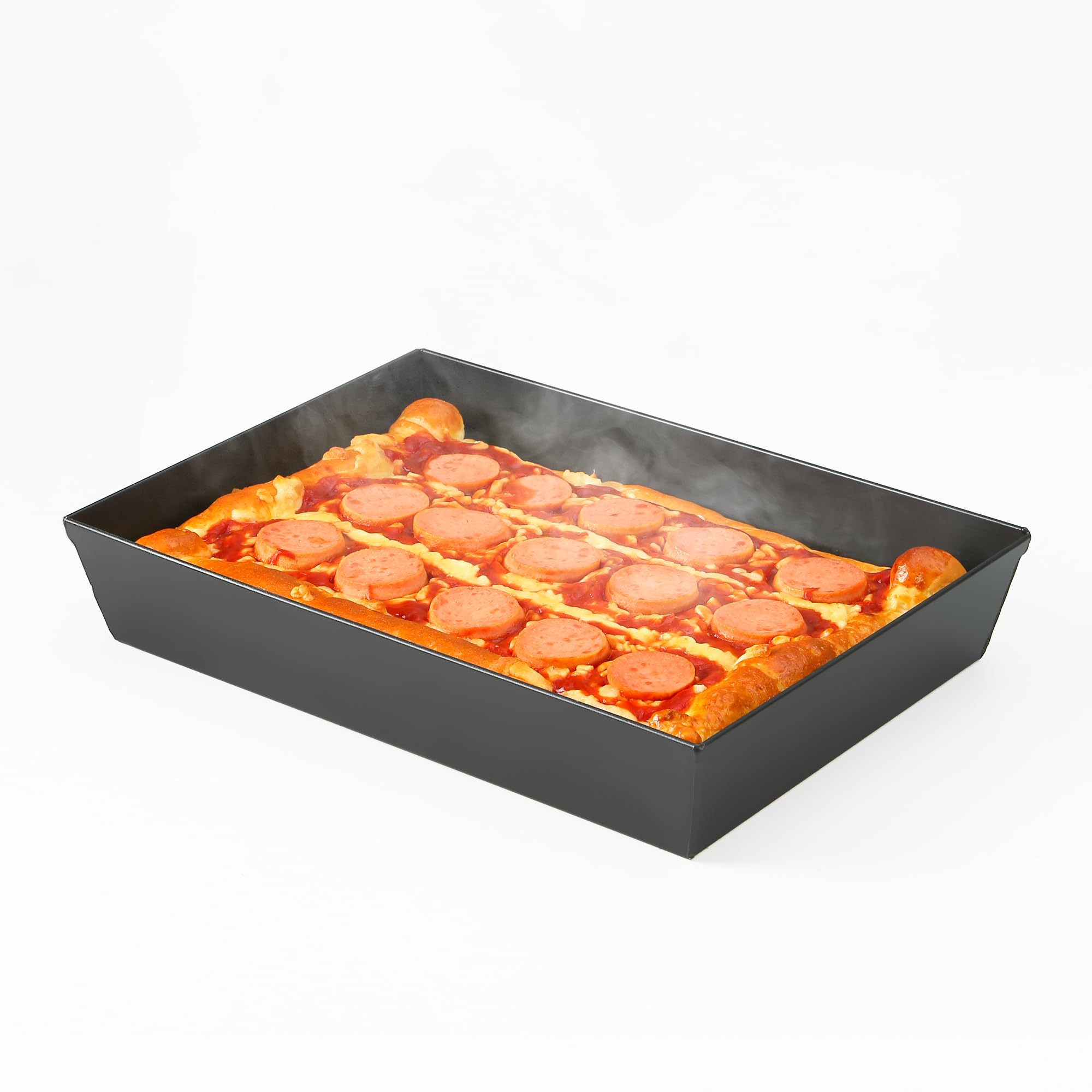 Jisculo blue steel Detroit pizza pan front view showing generous baking surface for crispy crusts