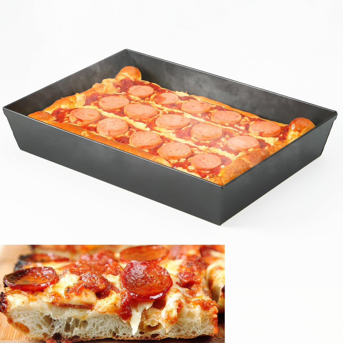 Jisculo Detroit-style pizza pan top view showing deep 2.5 inch rims for thick crust
