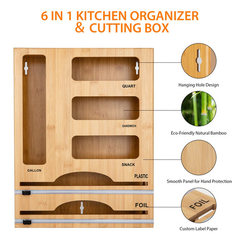 Jitner bamboo 4-grid baggie organizer supports bags from gallon to snack sizes.