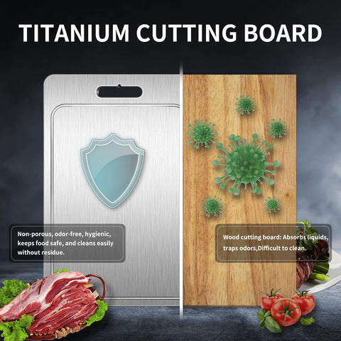 Jiwasio titanium cutting board juice groove keeps counter tidy.