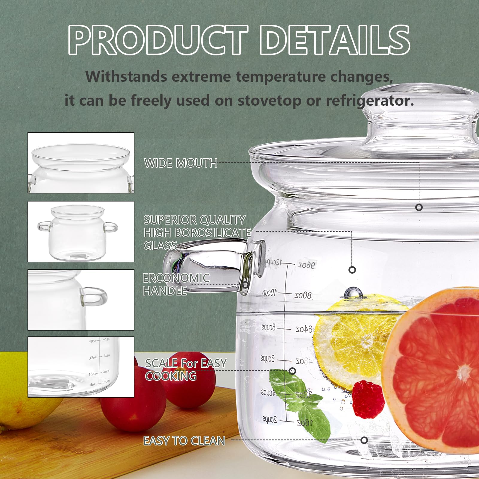 jjojcll borosilicate glass pot with transparent body for monitoring recipes