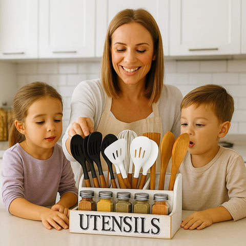 JKS Essentials durable white wood finish blends with modern farmhouse kitchens.