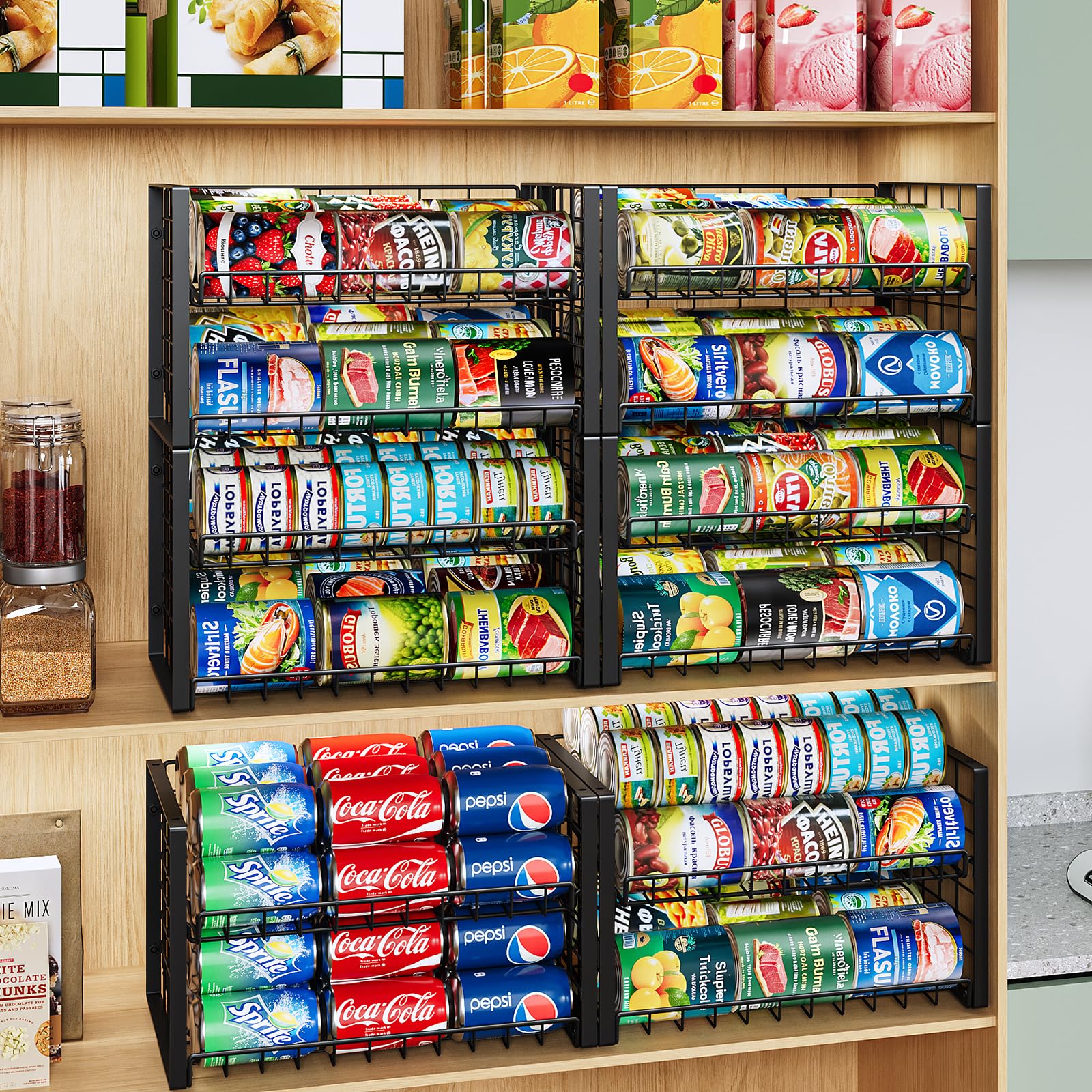JKsmart black pantry organizer complements kitchen shelves.