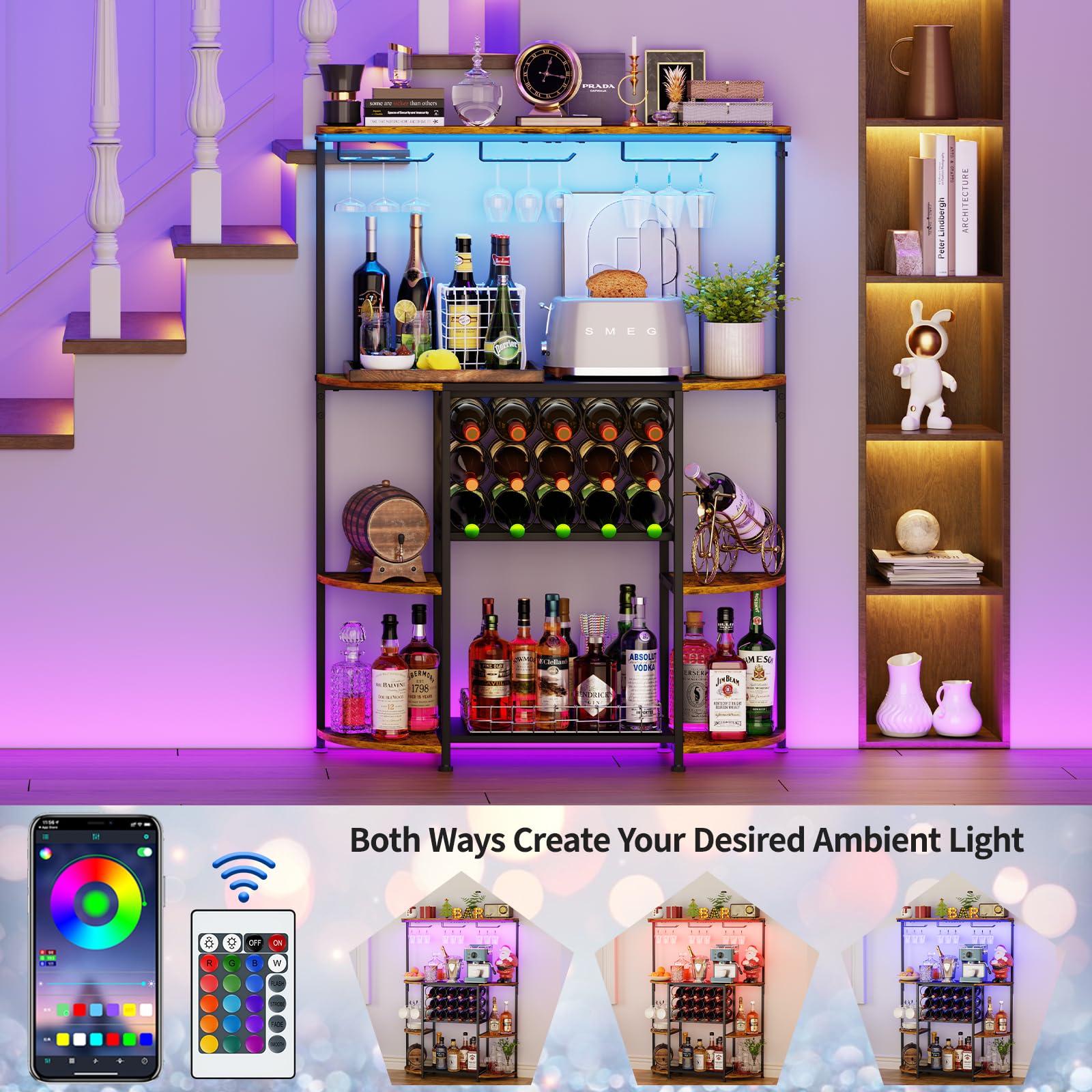 JKsmart rustic brown bar cabinet with LED lighting enhances cozy gatherings