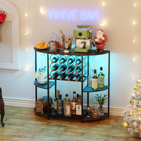 Spacious tabletop and open shelves by JKsmart organize glassware and bottles.