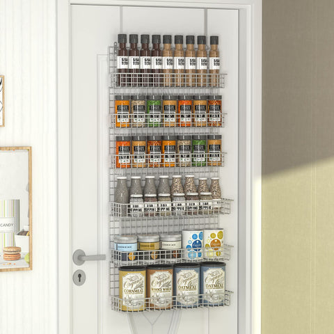 JKsmart six-tier wall-mounted spice rack with neatly organized jars.
