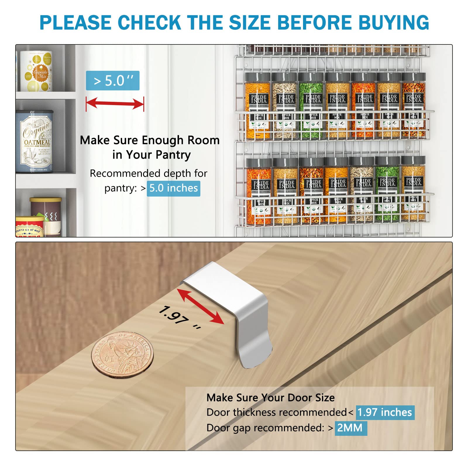 JKsmart over-the-door spice rack shows flexible mounting for pantry use.