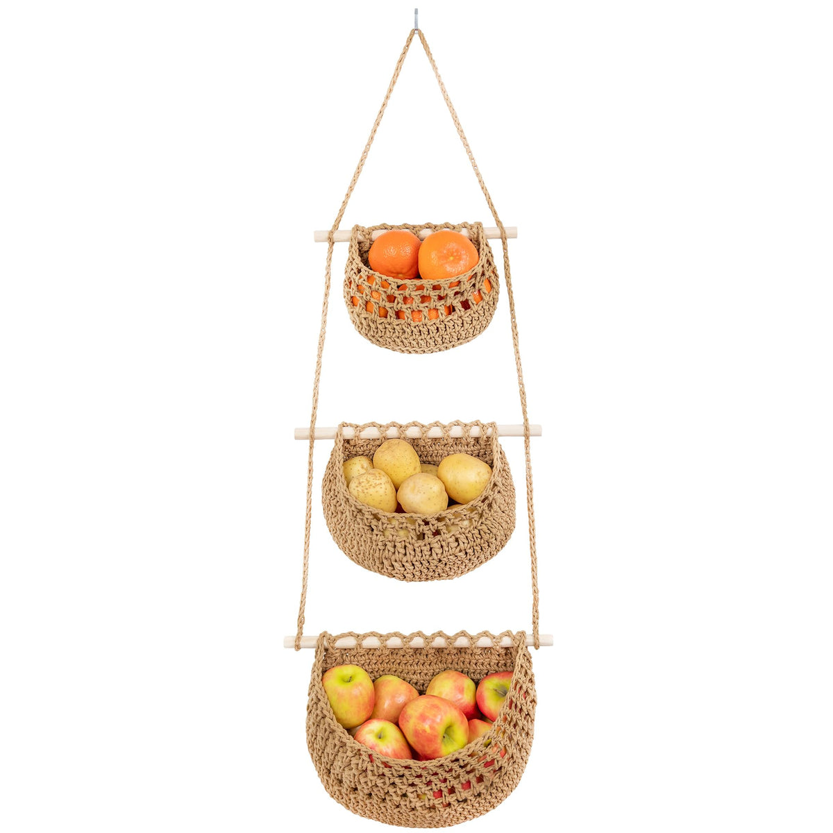 JMZ E Home 3-tier cotton hanging fruit basket for space-saving kitchen storage.
