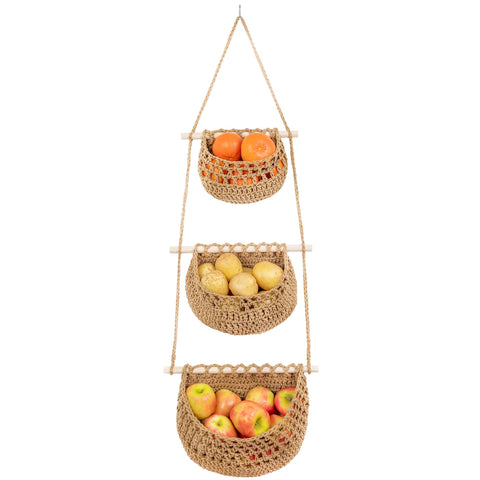 JMZ E Home 3-tier cotton hanging fruit basket for space-saving kitchen storage.