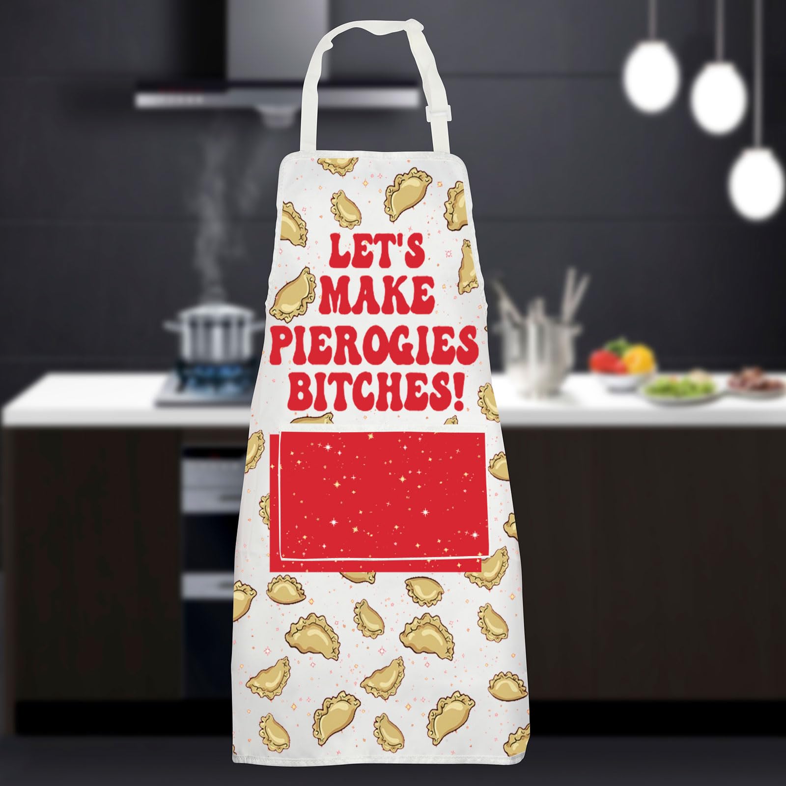 JNIAP Pierogi apron model wearing during real kitchen activity