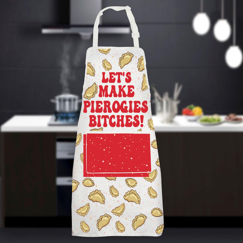 JNIAP Pierogi apron model wearing during real kitchen activity