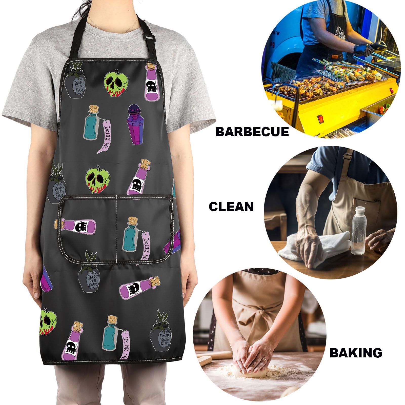 JNIAP Villain Poison Apron in a cozy kitchen scene with prep actions