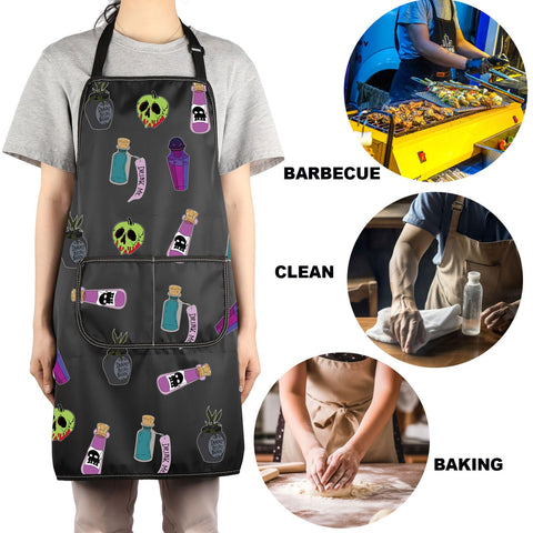 JNIAP Villain Poison Apron in a cozy kitchen scene with prep actions
