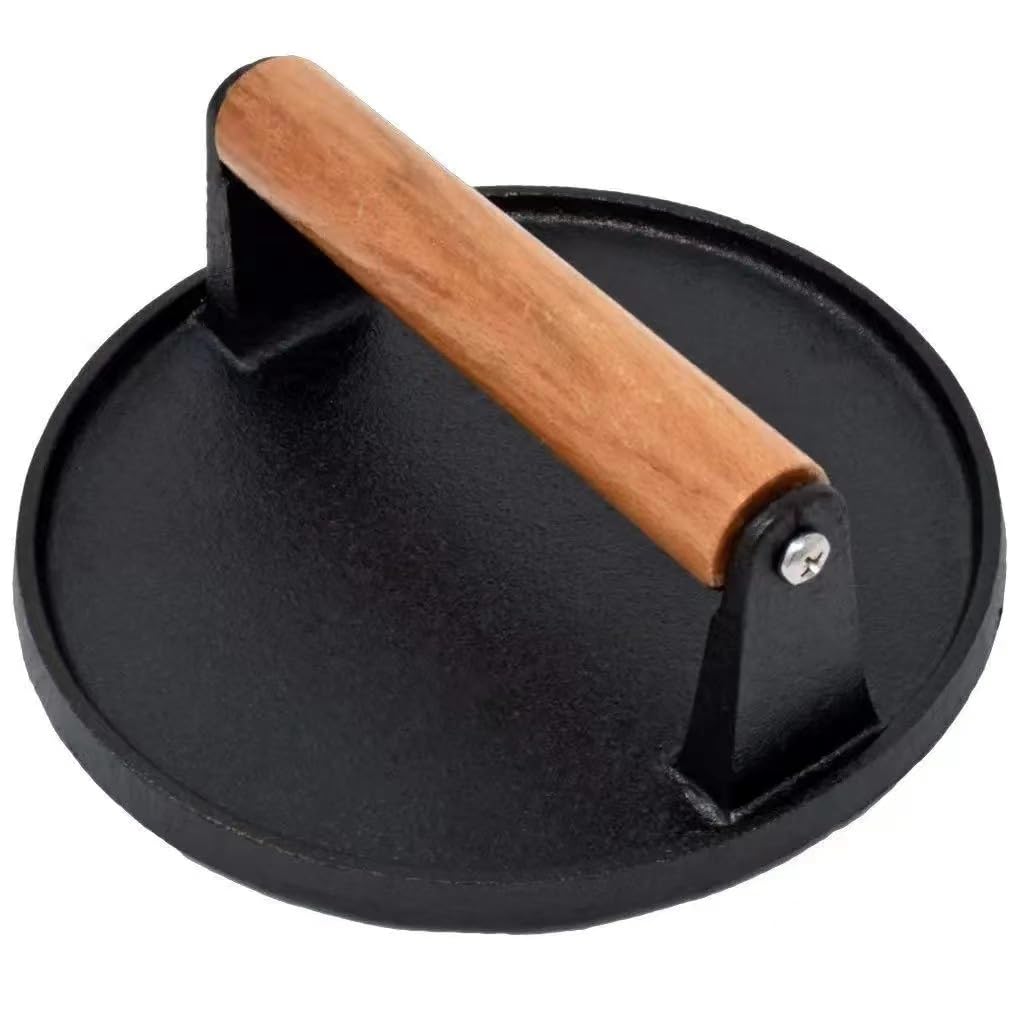 JNXHON burger press with wooden handle provides uniform patties and easy release.