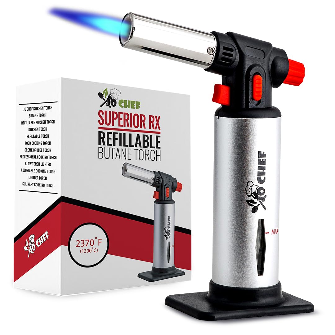 Jo Chef torch with adjustable flame for precise searing and caramelization.