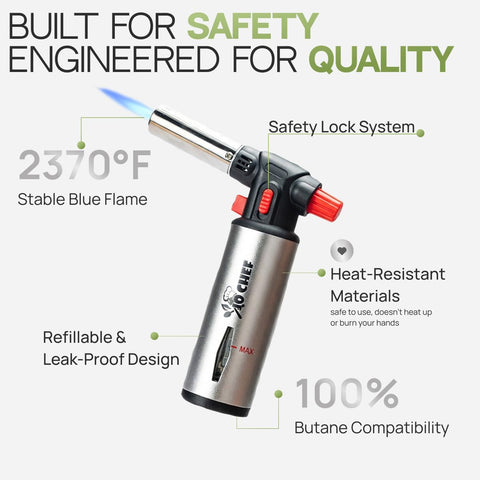 Jo Chef torch refillable butane for ongoing cooking sessions.