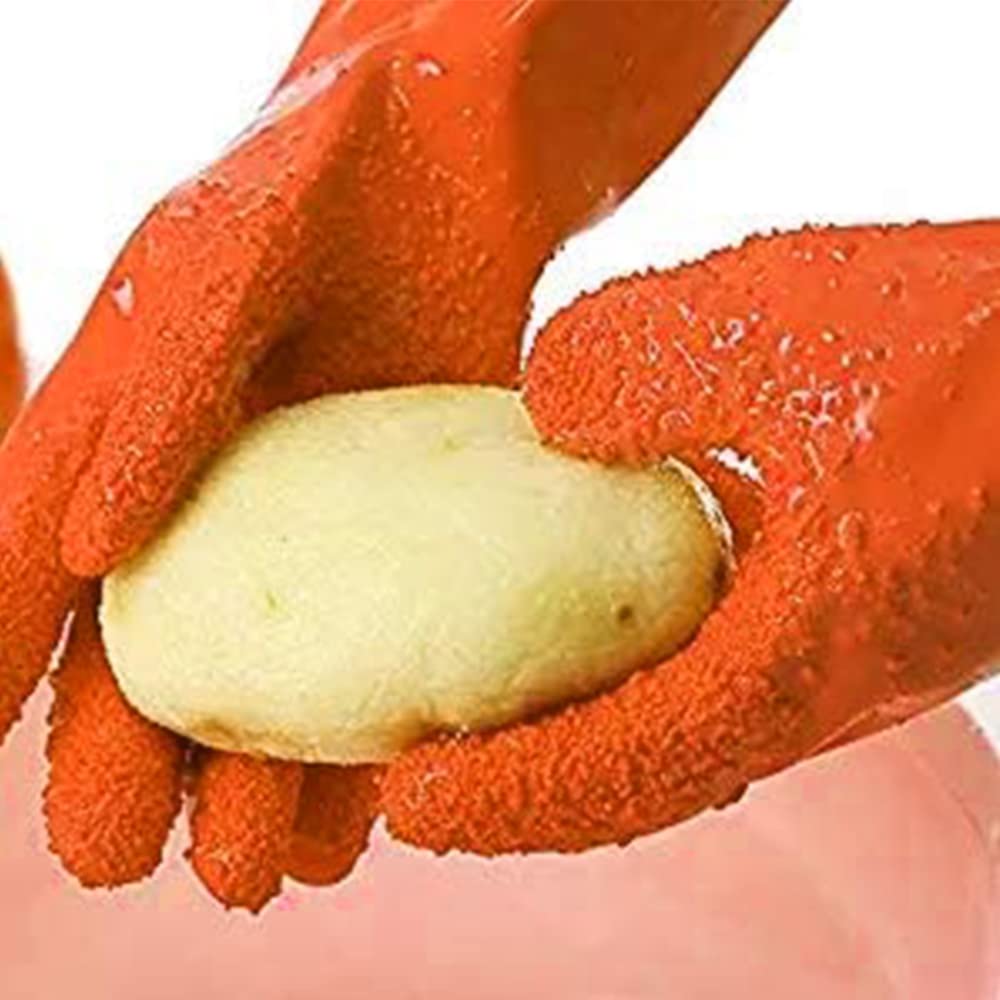 JOBEDE rose red gloves with integrated peeler for effortless vegetable peeling.