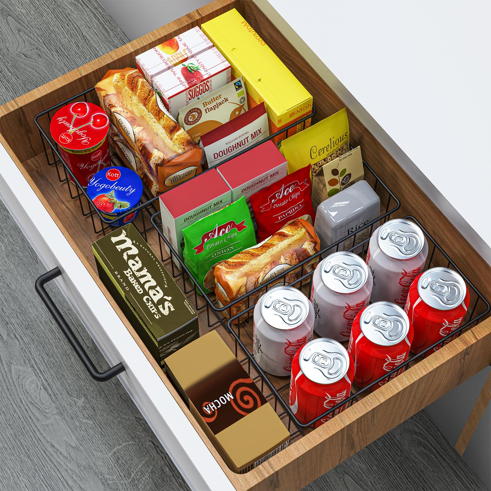 Joben Oligey kitchen baskets organize snacks and cans neatly.