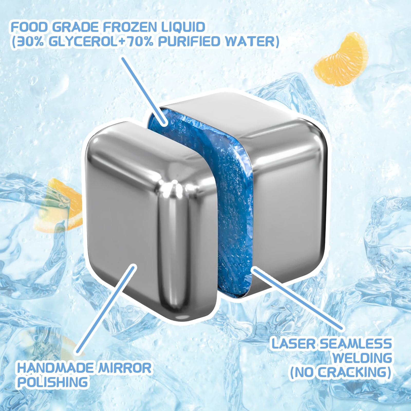 JOBVERT square metal ice cubes rapidly chill beverages while preserving original taste.