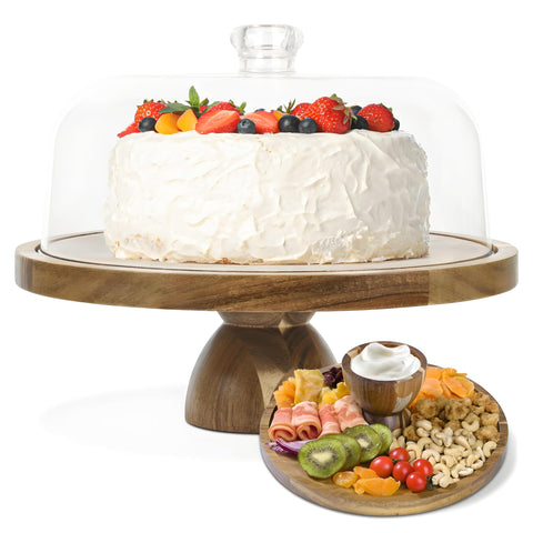 JOCHER acacia wood cake stand with lid 12in shown for elegant dessert display