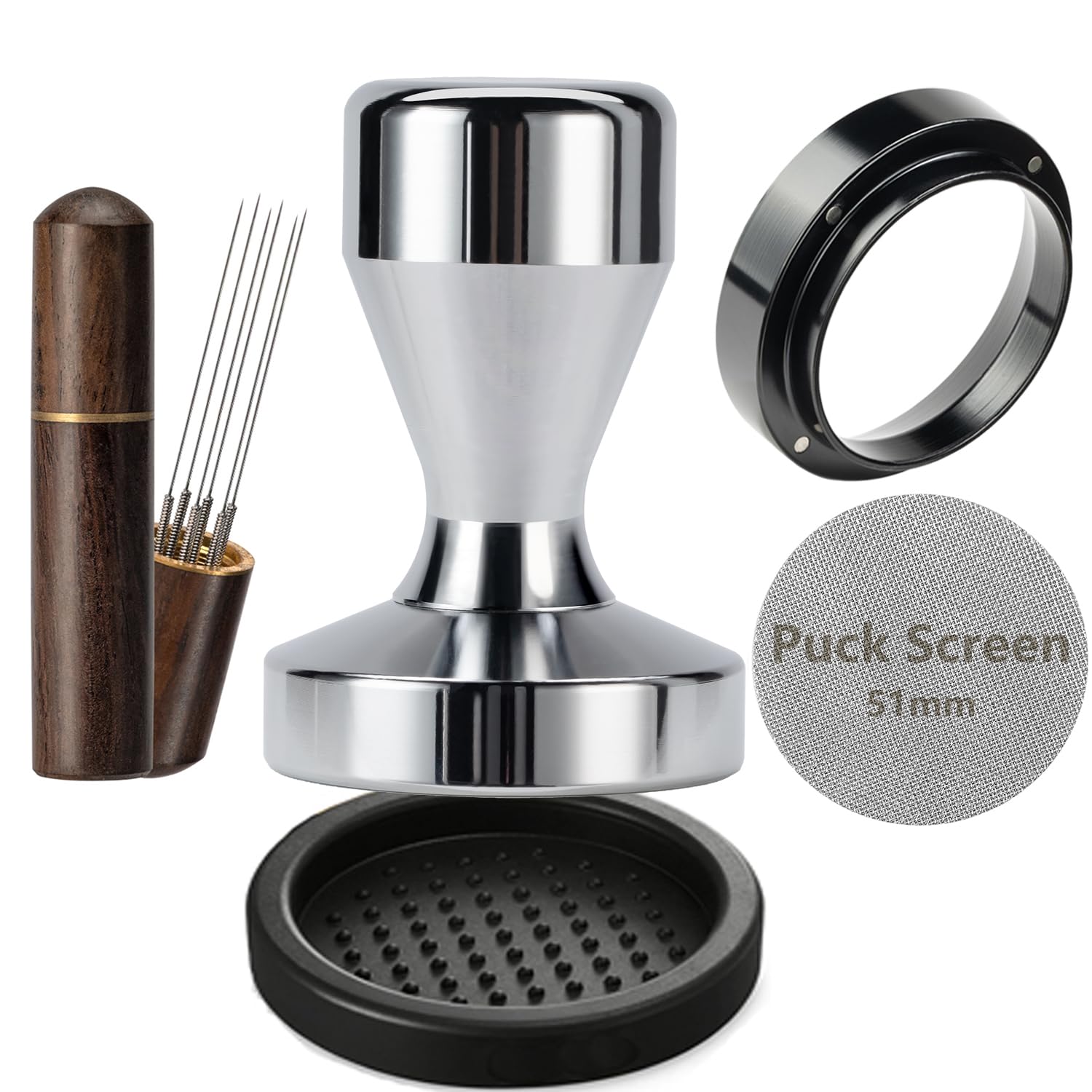 JOESTIKK 51mm espresso tamper showing ergonomic handle for steady tamping