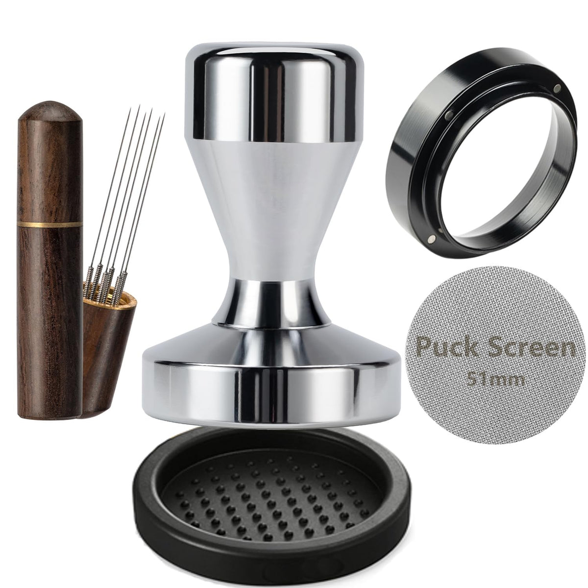 JOESTIKK 51mm espresso tamper showing ergonomic handle for steady tamping